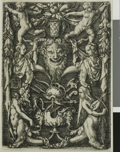 サテュロスのカップル、子供、トロフィーの装飾デザイン 作： Heinrich Aldegrever