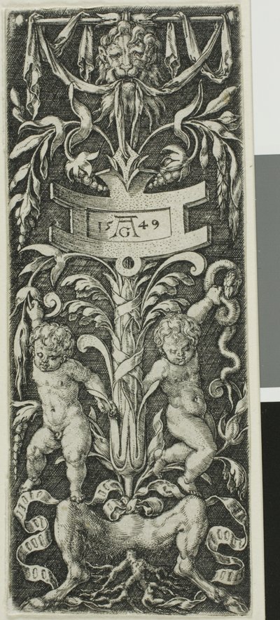 サテュロスの脚の上に立つ二人の裸体の少年をあしらった装飾パネル 作： Heinrich Aldegrever