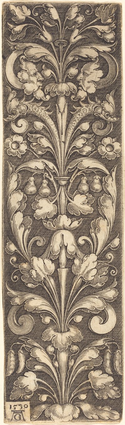 2 つのマスクと 2 つのイルカと観賞用の葉の小枝 作： Heinrich Aldegrever
