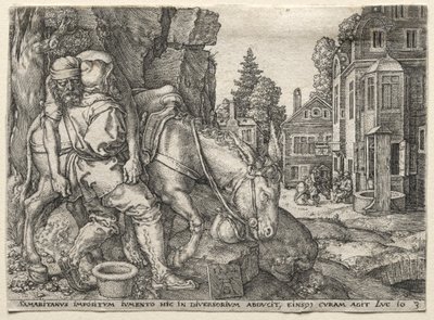 良きサマリア人のたとえ話：旅人をロバに乗せる良きサマリア人 作： Heinrich Aldegrever