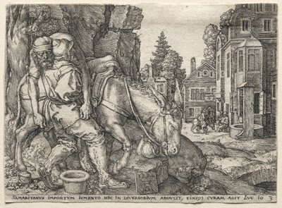 善きサマリア人のたとえ：旅行者をロバに乗せる善きサマリア人、1554年。 作： Heinrich Aldegrever