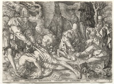 良きサマリア人のたとえ話: 旅人を襲う強盗 作： Heinrich Aldegrever
