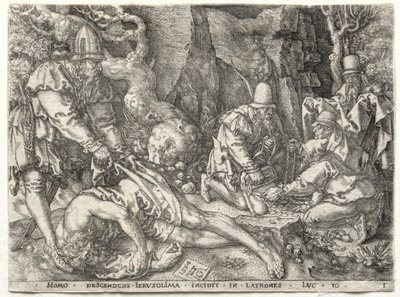 善きサマリア人のたとえ：旅人を襲う強盗、1554年。 作： Heinrich Aldegrever