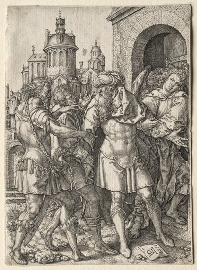 ロトの物語：ロトはソドム人を暴力から守る、1555。 作： Heinrich Aldegrever