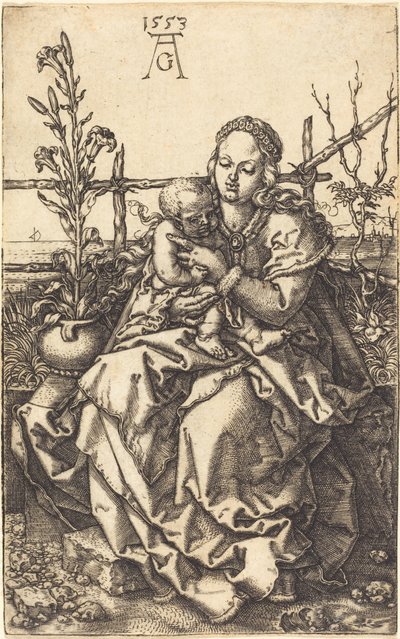 座っている聖母、1553年。 作： Heinrich Aldegrever