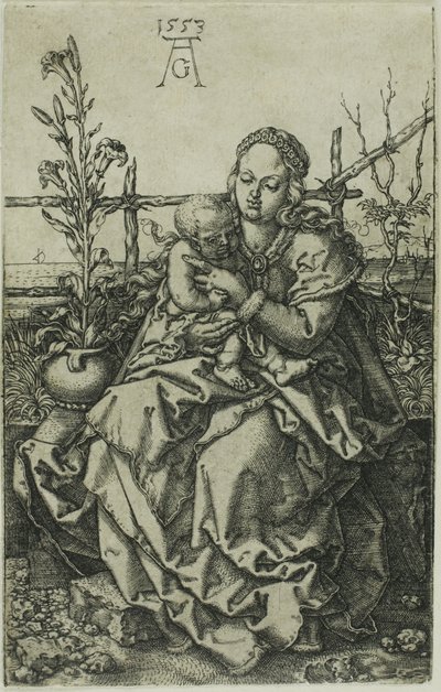 芝生の土手に座る聖母子 作： Heinrich Aldegrever