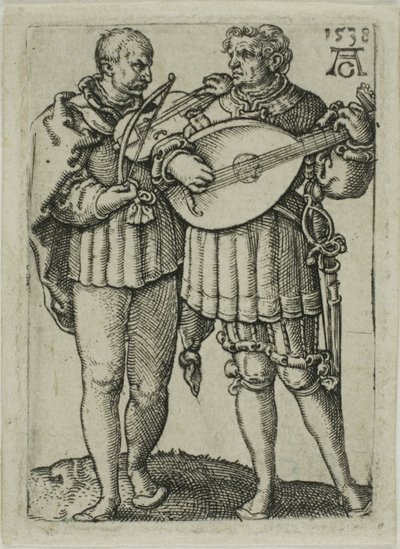 ヴァイオリンとリュートを演奏する 2 人の音楽家、小さな結婚式のダンサーからのプレート 1 作： Heinrich Aldegrever