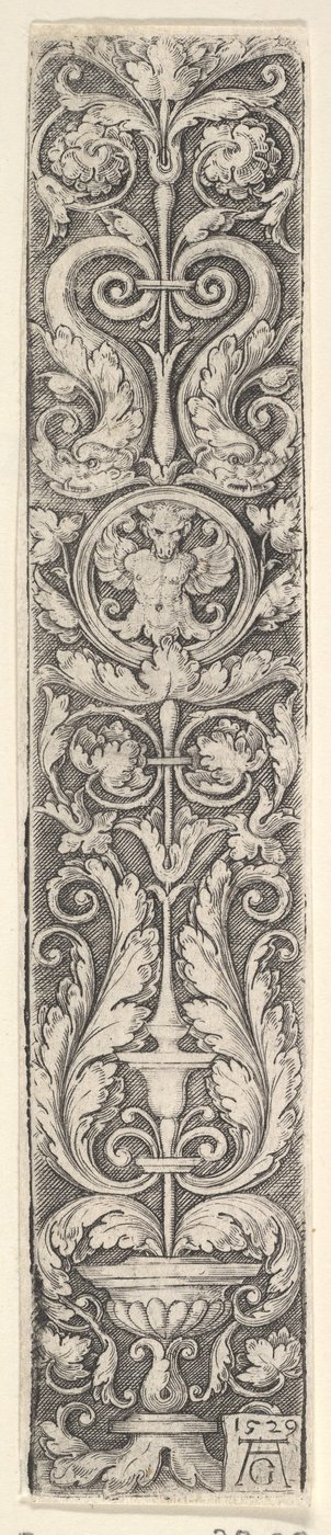 ケンタウロスとドルプのペアを持つメダリオンを含む燭台のある垂直パネル...、1529年。 作： Heinrich Aldegrever
