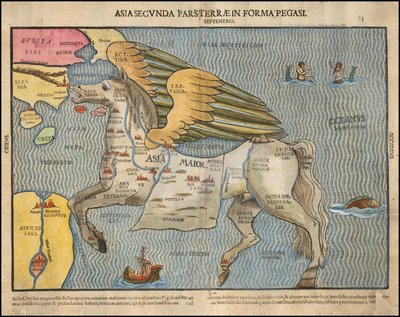 年頃アジアをペガサスに見立てたハインリヒ・ビュンティングによる1581年の絵地図。 作： ハインリッヒ・ブンティング