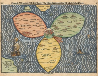 エルサレムを中心としたシャムロックとしての世界の3つの大陸。 1581 作： Heinrich Bünting