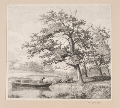 湖畔の樫の木のある風景。ボートに乗った老人が見えます。 作： Heinrich Buntzen