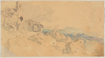 小屋と遺跡のある山の風景 作： Heinrich Burkel