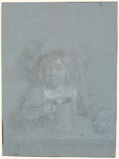 リンゴとマグカップを手にしたテーブルの少年 作： Heinrich Dittmers