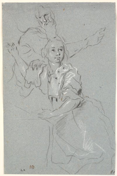 研究, の, 上げられた腕を持つ女性, 彼女の後ろにある, ひげを生やした, 老人 作： Heinrich Dittmers
