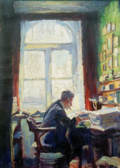 1912 年、机に向かう詩人シーザー フライシュレン。 作： Heinrich Eduard Linde Walther