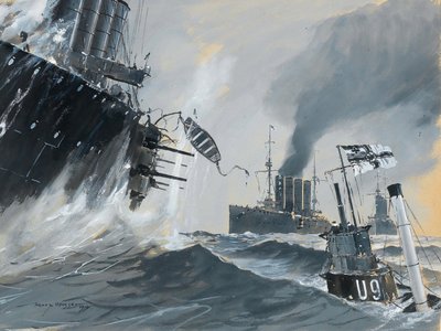 潜水艦と軍艦: HMS アブキール、ホーグとクレッシーの旅、1914 年。 作： Heinrich Heusser