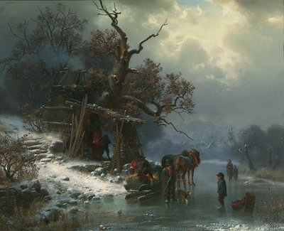 1867年の凍った川の数字のある冬景色 作： Heinrich Hofer