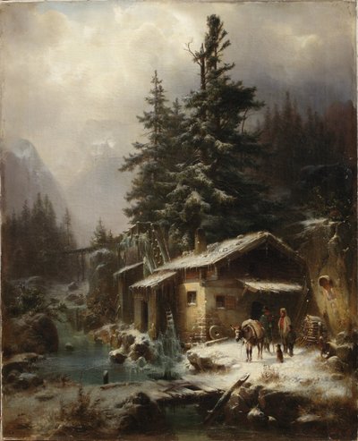 1866年に水車小屋の近くで休んでいる人物のいる冬の風景 作： Heinrich Hofer