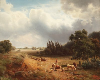 羊飼いと彼女の牛が生い茂る森の風景、1862 作： Heinrich Hofer