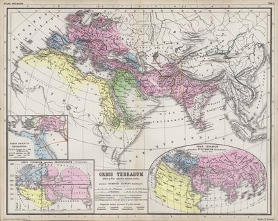 古代に知られている世界の領域の範囲を示す地図 (色付きの彫刻) 作： Heinrich Kiepert