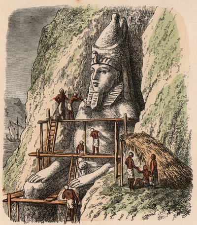 古代エジプト：アブシンベル神殿の像の彫刻、1866年 作： Heinrich Leutemann