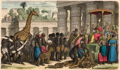 古代エジプト。エチオピア人がファラオの前で貢ぎ物をする 作： Heinrich Leutemann