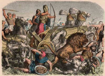 古代エジプト：ファラオラムセス2世、カデシュでヒッタイト軍のライオンと戦っています。紀元前1274年、1866年 作： Heinrich Leutemann