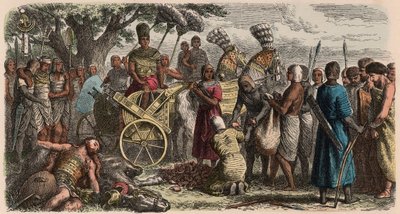 古代エジプト：勝利したファラオラムセス2世の前に捕虜が手を差し伸べるために1866年 作： Heinrich Leutemann