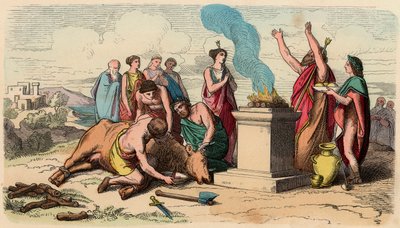 古代ギリシャ : 雄牛の生け贄の儀式 - 王たちの時代のギリシャ 作： Heinrich Leutemann