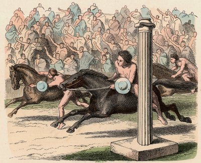 古代ギリシャスポーツ。スピードを出して馬に乗る、降りる 作： Heinrich Leutemann