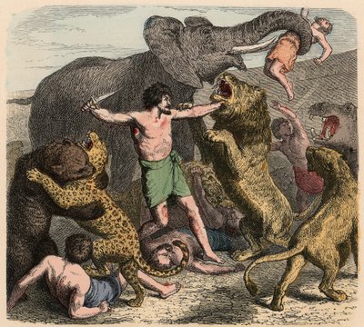 古代ローマ：野生動物に襲われた犯罪者、1866年 作： Heinrich Leutemann