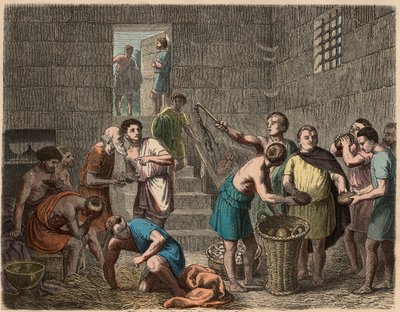 古代ローマ：1866年の夕方の奴隷への食糧の配給 作： Heinrich Leutemann