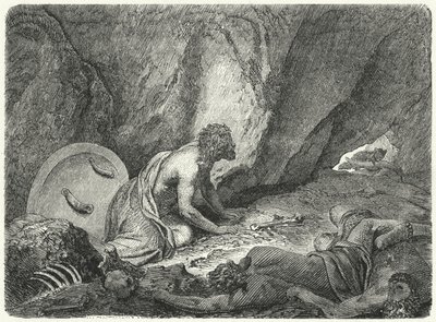 スパルタ人に投げ込まれた穴から脱出するアリストメネス(エングレービング) 作： Heinrich Leutemann