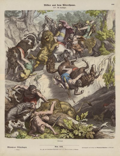 カルタゴのライオン狩り（彩色済み彫刻 作： Heinrich Leutemann