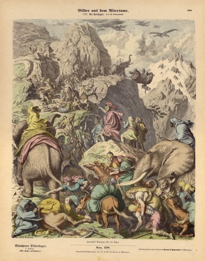 アルプスを越えてカルタゴ軍を率いるハンニバル（彩色済み彫刻 作： Heinrich Leutemann