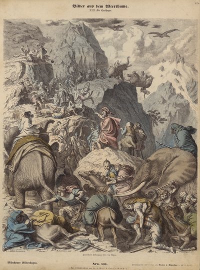 アルプスを越えてカルタゴ軍を率いるハンニバル（彩色済み彫刻 作： Heinrich Leutemann