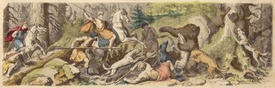 古代ギリシャの熊狩り（彩色済み彫刻 作： Heinrich Leutemann