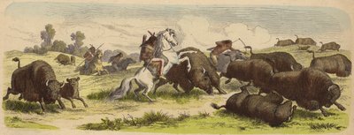 バッファローを狩る馬上のネイティブ・アメリカン（彩色済み彫刻 作： Heinrich Leutemann
