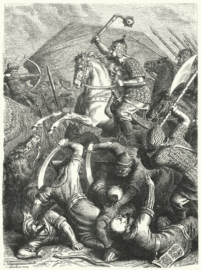 クチュム・ハーンのタタール人と戦ったコサック軍司令官イェルマク・ティモフェエヴィチ（彫刻 作： Heinrich Leutemann