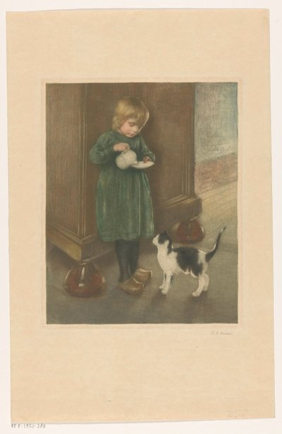 猫に餌をあげる女の子 作： Heinrich M. Krabbé (signed by artist)