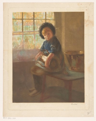 銅の水差しを磨く少女 作： Heinrich M. Krabbé (signed by artist)
