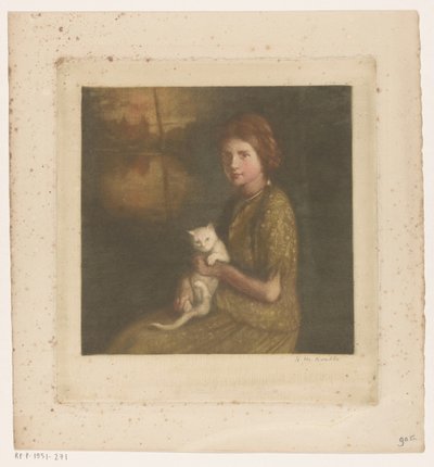 膝の上に猫を乗せた女の子 作： Heinrich M. Krabbé (signed by artist)