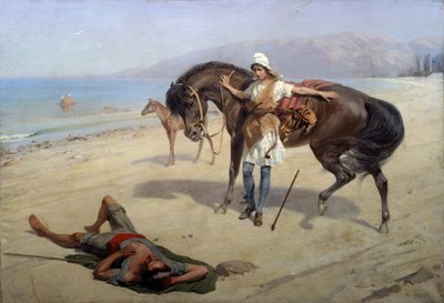 アマゾン（アマゾン）。 アマゾンは海岸で眠っている船乗りを発見します。 Heinrich Genrich Matveyevich Maniser (1847-1925) による絵画、キャンバスに油彩。 ロシアの芸術、20 世紀。 リージョナル M. ヴルベル美術館、オムスク (ロシア) 作： Heinrich Matvejevich Maniser
