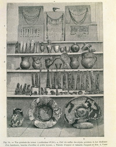 考古学者ハインリッヒ・シュリーマン (1822-1890) によって発見された、いわゆるプリアモスの宝、版画 作： Heinrich Schliemann