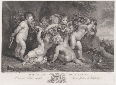 果物の花輪を運ぶ 7 つの putti、約。 1780～87年。 作： Heinrich Schmitz