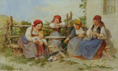 猫と遊ぶ女性と子供 作： Heinrich Stohl