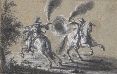 互いに撃ち合う 2 人の騎手、1600 年～1677 年。 作： Heinrich Werdmuller