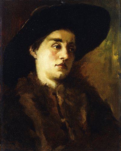 毛皮のコートと黒い帽子をかぶった女性の肖像画、 作： Heinrich Wilhelm Truebner