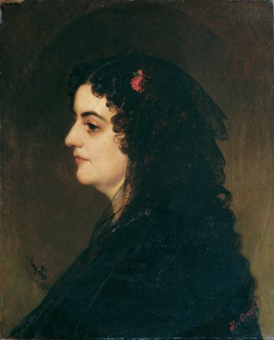 ベールとカーネーションを持つ横顔の女性 作： Heinrich von Angeli