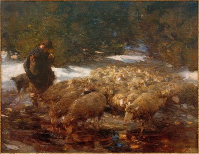 羊を連れた羊飼いの風景 作： Heinrich von Zügel